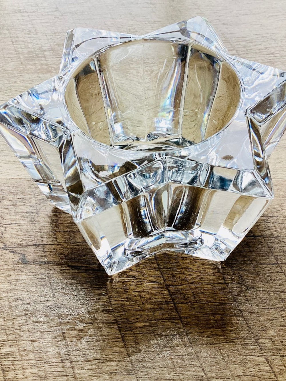 Vtg 24% LEAD CRYSTAL Clear Glass Star VOTIVE CANDLEHOLDER Tea Lite USA Made Deep